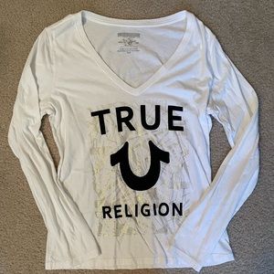 True Religion White V-Neck Long Sleeve T-Shirt